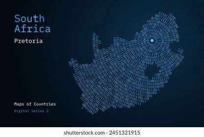 A map of South Africa depicted in zeros and ones in the form of a circle. The capital, Pretoria, is shown in the center of the circle