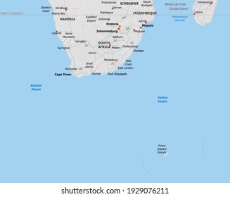 Map of South Africa. Map is drawn in high detail and for clarity shows only major cities. Country is drawn with neighboring countries.