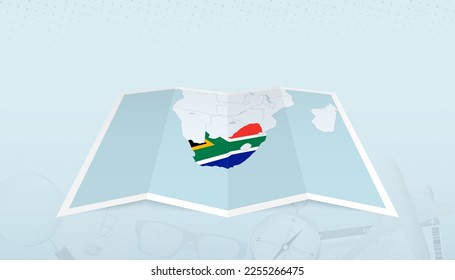 Map of South Africa with the flag of South Africa in the contour of the map on a trip abstract backdrop. Travel illustration.