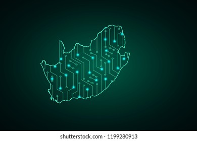 Map of South Africa, network line, design sphere, dot and structure on dark background with Map South Africa, Circuit board. Vector illustration. Eps 10