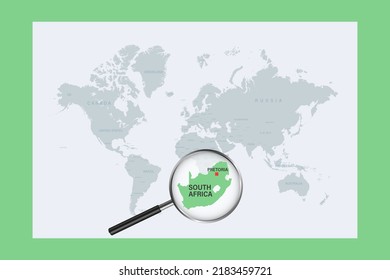 Map of South Africa on political world map with magnifying glass