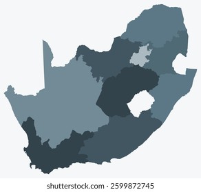 Map of South Africa with regions. Just a simple country border map with region division. Blue grey color palette. Plain South Africa shape with administrative division. Vector illustration.