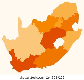 Mapa da África do Sul com regiões. Apenas um simples mapa de fronteira de país com divisão de região. Paleta de cores laranja. Forma branca da África do Sul com divisão administrativa. Ilustração vetorial.