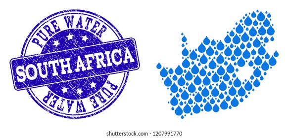 Map of South African Republic vector mosaic and Pure Water grunge stamp. Map of South African Republic formed with blue aqua drops. Seal with corroded rubber texture for pure drinking water.