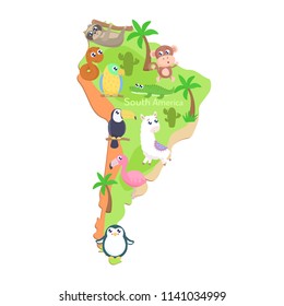 Map of South America with cartoon animals for kids. Flat design.