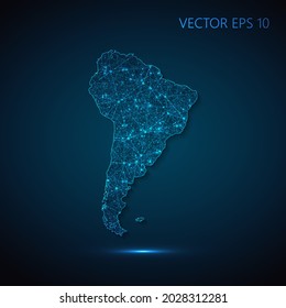 Map of South America Continent abstract illustration of global social communication, polygonal map with connecting dots and lines. Vector illustration eps 10.