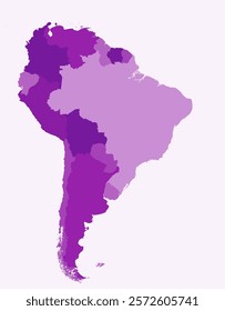 Map of South America with countries. Just a simple continent border map with country division. Purple color palette. Plain South America shape with administrative division. Vector illustration.