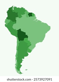 Map of South America with countries. Just a simple continent border map with country division. Green color palette. Flat South America shape with administrative division. Vector illustration.