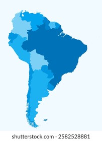 Map of South America with countries. Just a simple continent border map with country division. Light blue color palette. Flat South America shape with administrative division. Vector illustration.