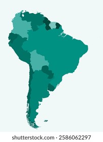 Map of South America with countries. Just a simple continent border map with country division. Teal color palette. Blank South America shape with administrative division. Vector illustration.