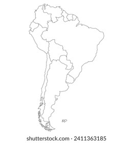 Map of South America with countries in linear view. Stylized map of South America in minimalistic modern style