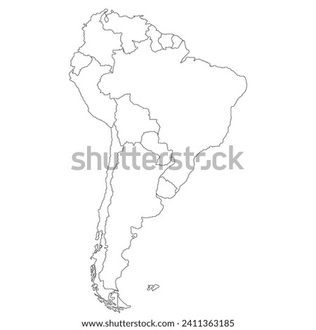Map of South America with countries in linear view. Stylized map of South America in minimalistic modern style