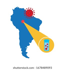 map of south america with covid 19 information and icons, flat style icon vector illustration design