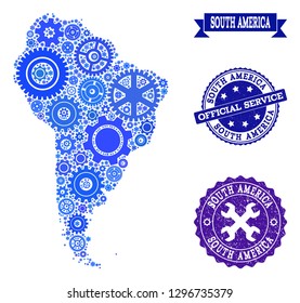 Map of South America designed with blue gear symbols, and isolated scratched watermarks for official repair services.