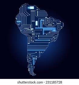 Map of South America with electronic circuit. Contour map of South America with a technological electronics circuit. 
