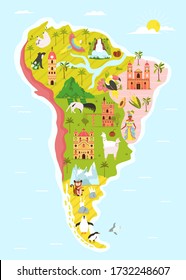 Map of South America with famous natural landmarks, buildings and animals. Decorative poster, banner for book illustrations, travel guides, magazines