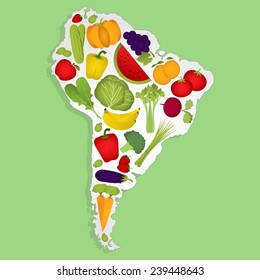 Map of South America full of fruits and vegetables (tomato , apple, orange , eggplant, cabbage, cucumber , broccoli, grapes, arugula, banana, peppers, celery, strawberries, watermelon, carrot). 