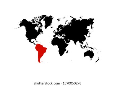 The map of South America is highlighted in red on the world map - Vector