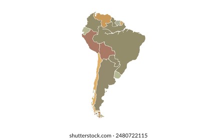 Mapa de sudamérica aislado estilo colorido moderno. para diseños de Sitio web, fondo, educación, preciso, personalizable, viajes por todo el mundo, mapa silueta de fondo, geografía de la tierra, política, informes.