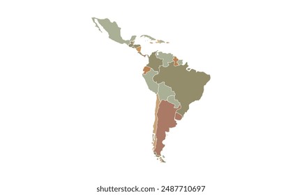 Map of south America isolated .vintage color style. for website layouts, background, education, precise, customizable, Travel worldwide, map silhouette backdrop, earth geography, political, reports.