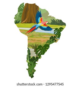 Map of South America. Macaw parrot flies over the river. Jungle Realistic Vector Landscape