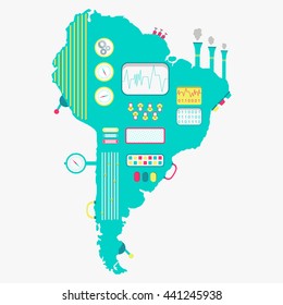 Map of South America machine. Cute and funny apparatus with buttons, screens and levers. Isolated. White background.