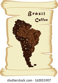 Map of South America made with coffee beans on old paper. Silhouette of Brazil against the backdrop of the continent.