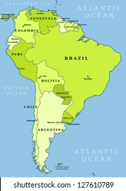 Map of South America. Political division - countries and capital ciites. Countries are separate objects, you can change color of every country.