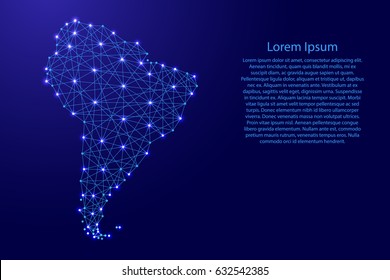 Map of South America from polygonal blue lines and glowing stars vector illustration