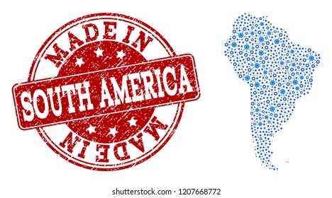 Map of South America vector mosaic and Made In grunge stamp. Map of South America created with blue cog links. Made in red seal with grunge rubber texture.