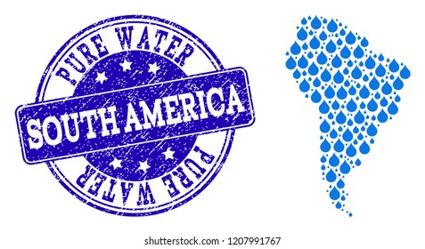 Map of South America vector mosaic and Pure Water grunge stamp. Map of South America designed with blue aqua raindrops. Seal with grunge rubber texture for pure drinking water.