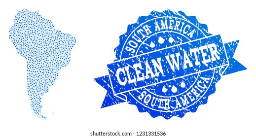 Map of South America vector mosaic and clean water grunge stamp. Map of South America created with blue water drops. Seal with unclean rubber texture for pure drinking water.