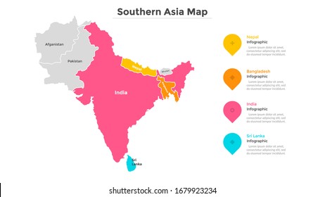 Map of South Asia with geographic boundaries of countries. Southern region of Asian continent and its territorial division. Modern infographic design template. Vector illustration for touristic guide.