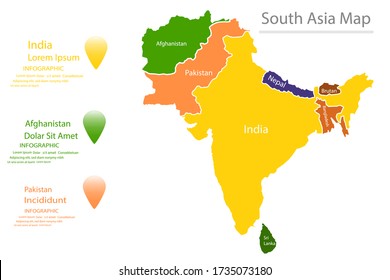 Map of South Asia with geographic boundaries of countries. Southern region of Asian continent and its territorial division. Modern infographic design template. Vector illustration for touristic guide.