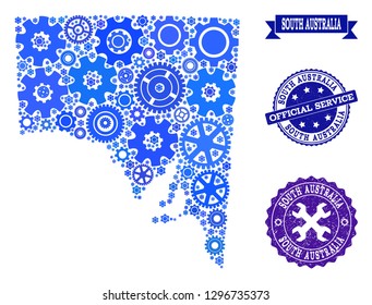 Map of South Australia composed with blue wheel symbols, and isolated grunge watermarks for official repair services.