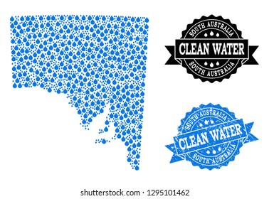 Map of South Australia vector mosaic and clean water grunge stamp. Map of South Australia composed with blue water tears. Seal with scratched rubber texture for clean drinking water.