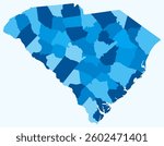 Map of South Carolina with counties. Just a simple state border map with county division. Light blue color palette. Plain State of South Carolina shape with administrative division.