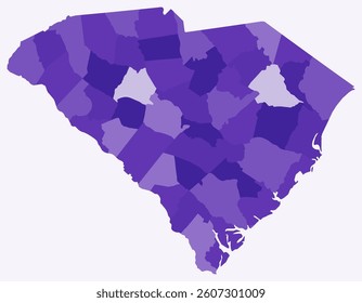 Map of South Carolina with counties. Just a simple state border map with county division. Deep purple color palette. Blank State of South Carolina shape with administrative division.