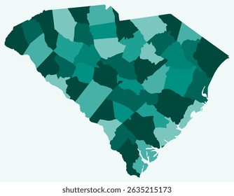 Mapa da Carolina do Sul com condados. Apenas um simples mapa da fronteira do estado com a divisão do condado. Paleta de cores azul-petróleo. Estado plano da Carolina do Sul forma com divisão administrativa. Ilustração vetorial.