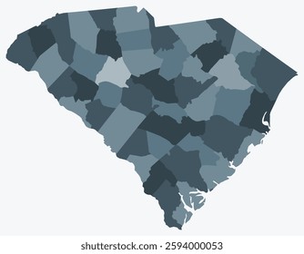 Map of South Carolina with counties. A simple state border map with county divisions in a blue-grey color palette. The map is blank and shows the administrative divisions of the state.
