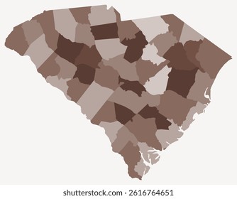 Map of South Carolina with counties. A simple state border map with county divisions in a brown color palette. Vector illustration.
