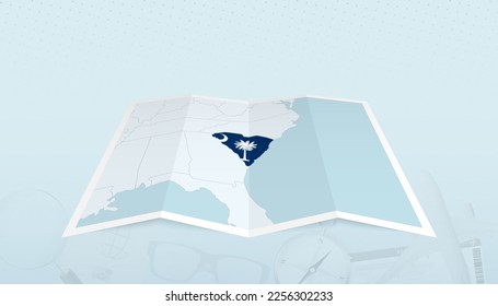 Map of South Carolina with the flag of South Carolina in the contour of the map on a trip abstract backdrop. Travel illustration.