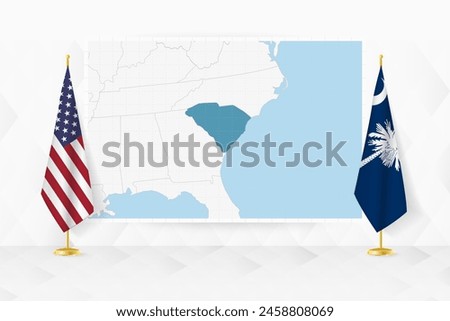 Map of South Carolina and flags of South Carolina on flag stand. Vector illustration for diplomacy meeting.