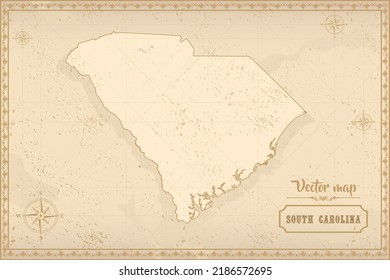 Mapa de Carolina del Sur en el estilo antiguo, gráficos marrones en estilo retro de fantasía