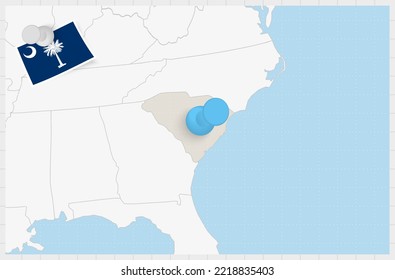 Map of South Carolina with a pinned blue pin. Pinned flag of South Carolina, vector illustration.