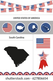 Map of South Carolina. Set of flat design icons nfographics elements with American symbols.