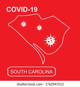 Mapa del estado de Carolina del Sur etiquetado "COVID-19". Mapa de esquema blanco sobre un fondo rojo. Ilustración vectorial de un virus, coronavirus, epidemiología.