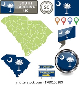 Mapa del estado de Carolina del Sur, EEUU con bandera y condados. Imagen del vector