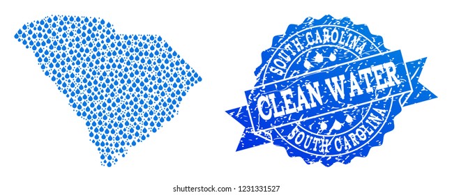 Map of South Carolina State vector mosaic and clean water grunge stamp. Map of South Carolina State created with blue liquid drops. Seal with grunge rubber texture for clean drinking water.
