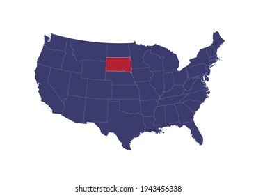 Map of South Dakota. The map is colored in the colors of the US flag. Map shows the location of South Dakota in the USA. This file is appropriate for digital editing and prints of all sizes.